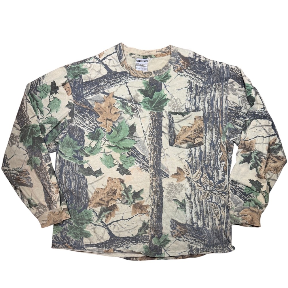 Jerzees Outdoors Camo Pocket Shirt Realtree Hunting Long Sleeve L vintage 90s